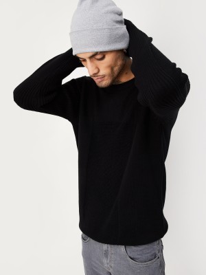 MAX Solid Round Neck Casual Men Black Sweater