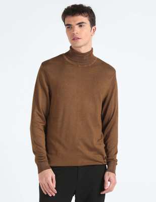 FLYING MACHINE Solid Turtle Neck Casual Men Brown Sweater