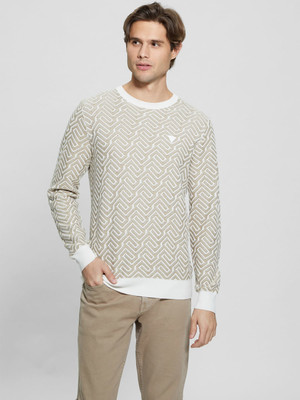 GUESS Geometric Print Round Neck Casual Men Beige Sweater