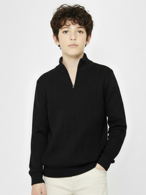 Clothify Striped High Neck Casual Boys Black Sweater