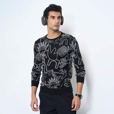 PEOPLE Solid Round Neck Casual Men Black Sweater