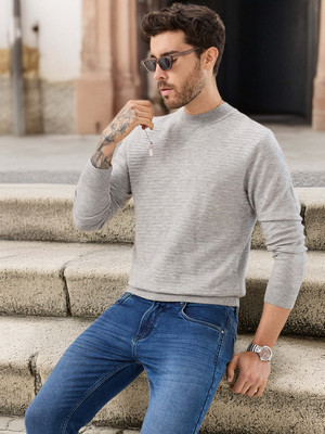 Status Quo Self Design Round Neck Casual Men Grey Sweater