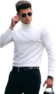 CRYSTALREVENUE Solid High Neck Casual Men White Sweater