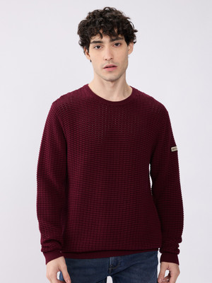 Spykar Solid Round Neck Casual Men Red Sweater
