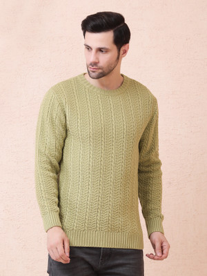 NOQUO Solid, Self Design Round Neck Casual Men Beige Sweater