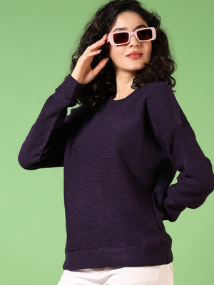 V-MART Self Design Round Neck Casual Women Purple Sweater