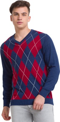 COLORPLUS Checkered V Neck Casual Men Blue Sweater