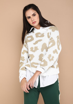 LULU & SKY Printed Round Neck Casual Women White Sweater