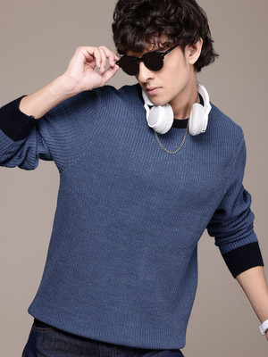 Roadster Self Design Round Neck Casual Men Blue Sweater