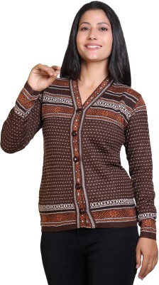 Grand Line Polka Print V Neck Casual Women Brown Sweater