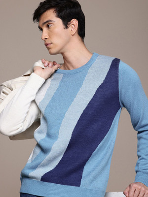 French Connection Colorblock Round Neck Casual Men Blue Sweater