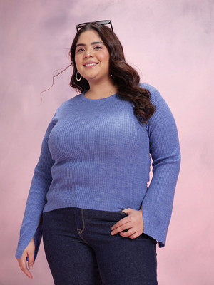 DressBerry Curve Self Design Round Neck Casual Women Blue Sweater