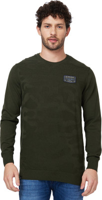 Spykar Printed Round Neck Casual Men Green Sweater