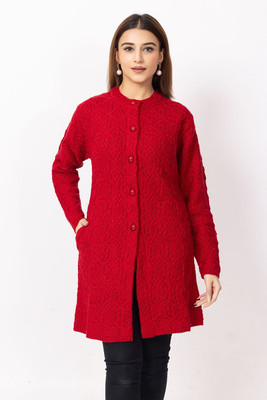 Dodge Self Design Round Neck Casual Women Maroon Sweater