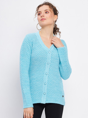 DUKE Self Design V Neck Casual Women Blue Sweater