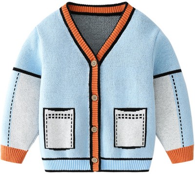 Little Surprise Box Self Design V Neck Casual Boys & Girls Blue Sweater