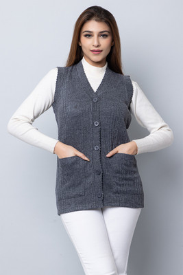 hifzaa Solid V Neck Casual Women Grey Sweater
