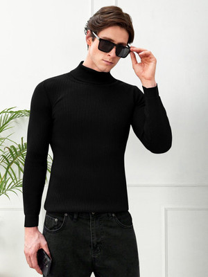 urban trees Solid High Neck Casual Men Black Sweater