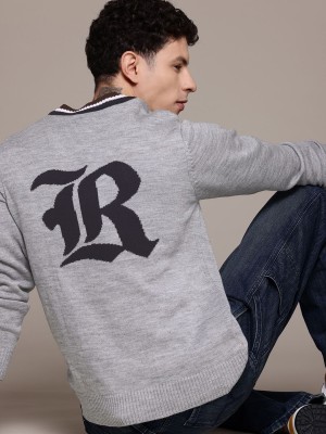 Roadster Self Design V Neck Casual Men Grey Sweater