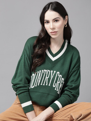 Roadster Self Design V Neck Casual Women Green Sweater