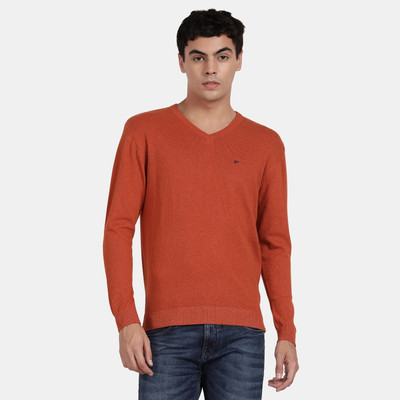 t-base Solid V Neck Casual Men Orange Sweater