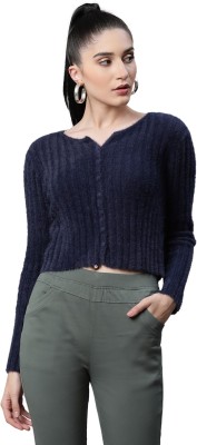 GLOBAL REPUBLIC Solid Round Neck Casual Women Blue Sweater