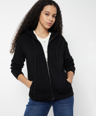 MAX Solid Round Neck Casual Women Black Sweater