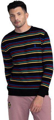 GIORDANO Striped Round Neck Casual Men Black Sweater
