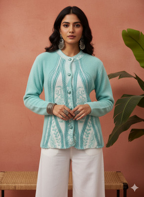 ILM TRADERS Printed Round Neck Casual Women Light Blue Sweater