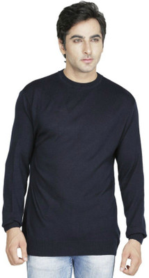 Super Weston Trend Solid Round Neck Casual Men Blue Sweater