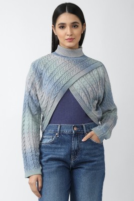 FOREVER 21 Self Design Turtle Neck Casual Women Blue Sweater