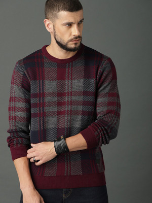 Roadster Checkered Round Neck Casual Men Maroon Sweater
