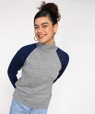 NUMERO UNO Colorblock Turtle Neck Casual Women Grey Sweater