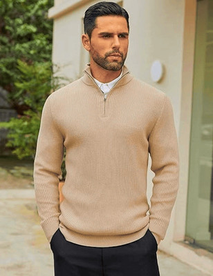 hifzaa Solid Collared Neck Casual Men Beige Sweater
