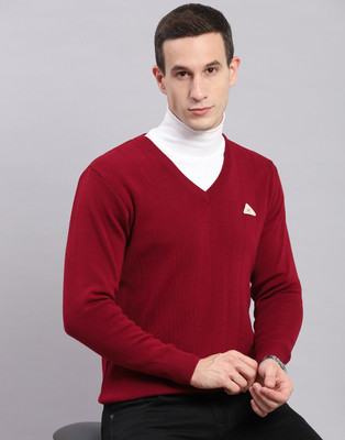 MONTE CARLO Solid V Neck Casual Men Maroon Sweater