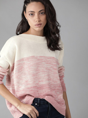 Roadster Striped Round Neck Casual Women Pink Sweater
