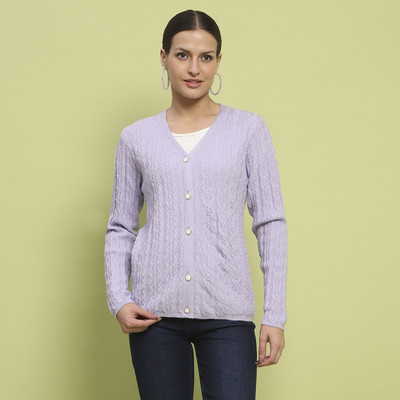 MADAME Self Design V Neck Casual Women Purple Sweater