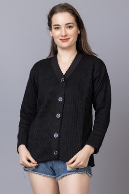 Wearlusso Self Design V Neck Casual Women Black Sweater