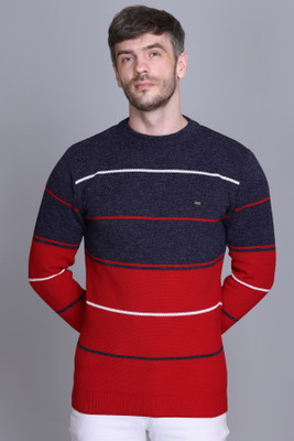 eWools Striped Round Neck Casual Men Red Sweater