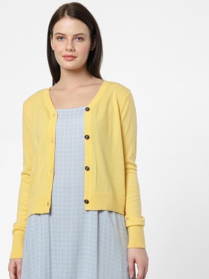 VERO MODA Printed V Neck Casual Women Yellow Sweater