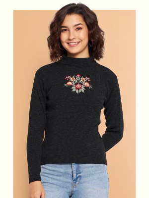 CLAPTON Applique High Neck Casual Women Black Sweater