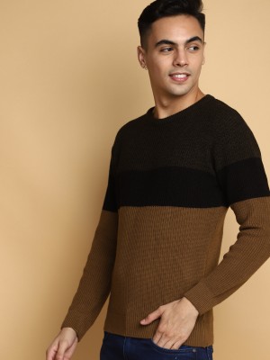 V-MART Self Design Round Neck Casual Men Brown, Brown Sweater