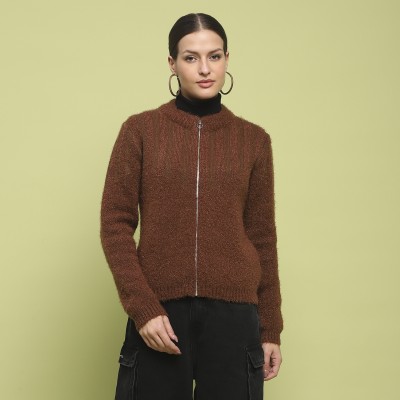 MADAME Solid Round Neck Casual Women Brown Sweater