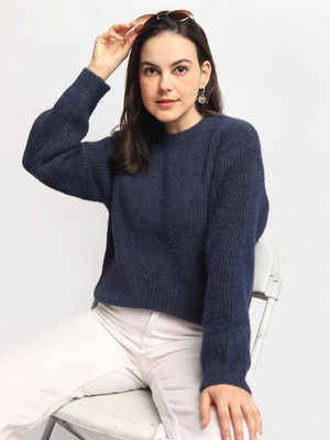 CHKOKKO Self Design Round Neck Casual Women Blue Sweater