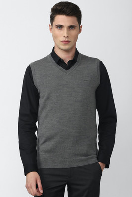 VAN HEUSEN Solid V Neck Casual Men Grey Sweater