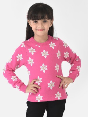 CRIMSOUNE CLUB Floral Print Round Neck Casual Girls Pink Sweater