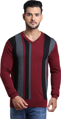 COLORPLUS Striped V Neck Casual Men Maroon Sweater