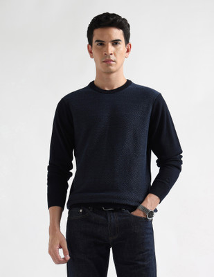 ARROW Solid Round Neck Casual Men Blue Sweater