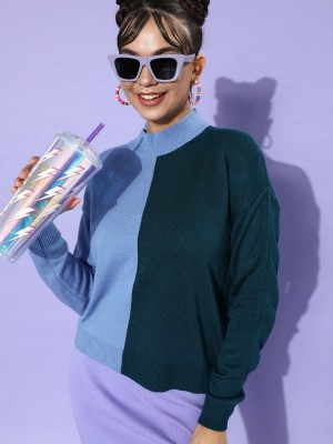 Mast & Harbour Colorblock High Neck Casual Women Blue, Green Sweater