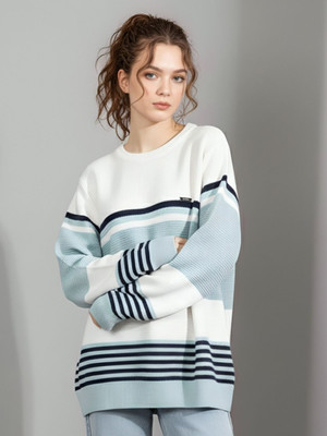 Hey Dude Striped Round Neck Casual Women Light Green Sweater